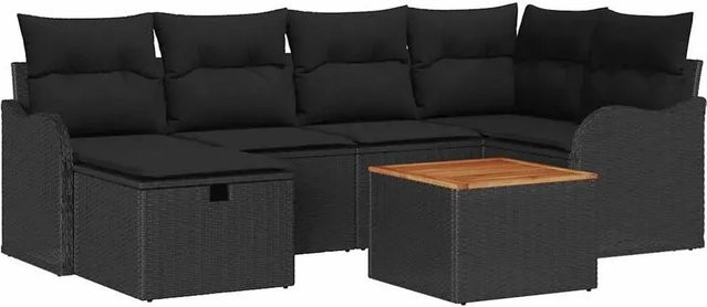 vidaXL Garten-Sofa-Set aus Poly Rattan in Schwarz, 7-teiliges L-Shape Lounge-Set mit Kissen, Tisch und Hocker - Bild 1