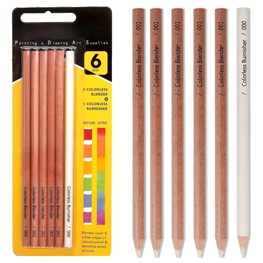6er Set Farblose Mixer-Stifte für professionelle Buntstift-Kunstwerke zum Mischen, Schichten und Erweichen von Kanten, Transparent - Bild 2