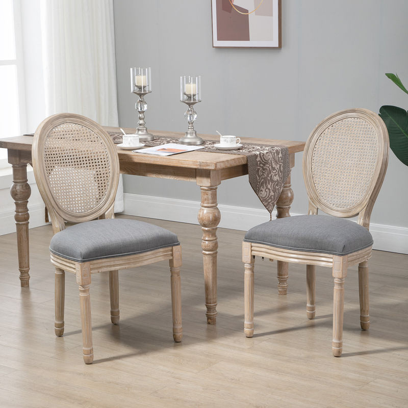 HOMCOM 2er Set Esszimmersessel aus Gummiholz in Grau mit Rattan und Leinen-Optik im Vintage Retro Design, B/T/H: 49 x 56 x 96 cm - Bild 2