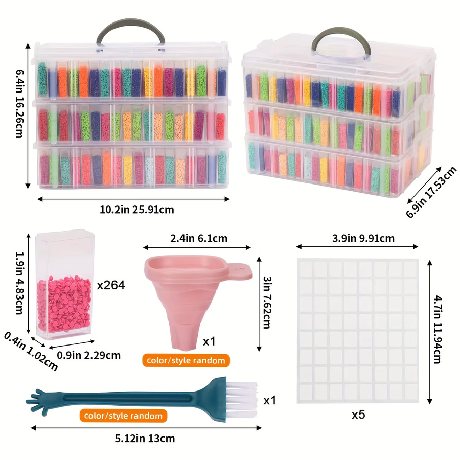 Stapelbare 3-lagige Aufbewahrungsbox für Diamantmalerei und Nagelkunst mit 264 Fächern, transparent aus Kunststoff - Bild 2