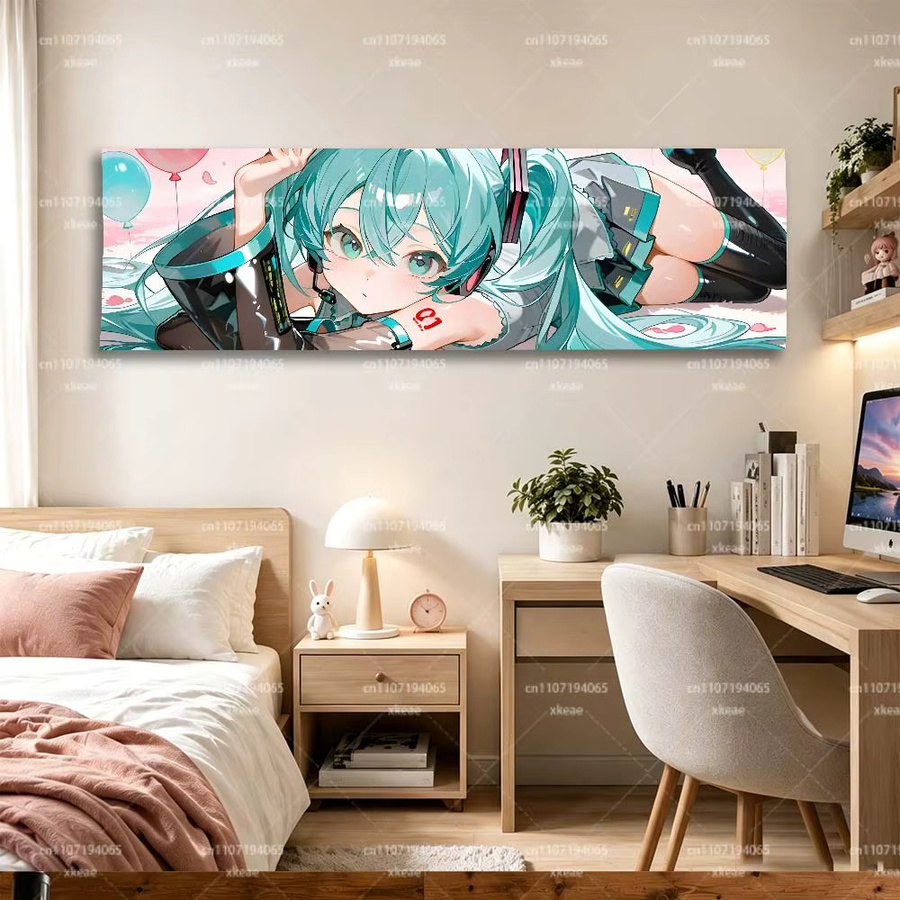 Hatsune Miku Anime-Wandteppich von Bandai mit rosa Himmel und Ballon-Illustration in modernem Design - Bild 3