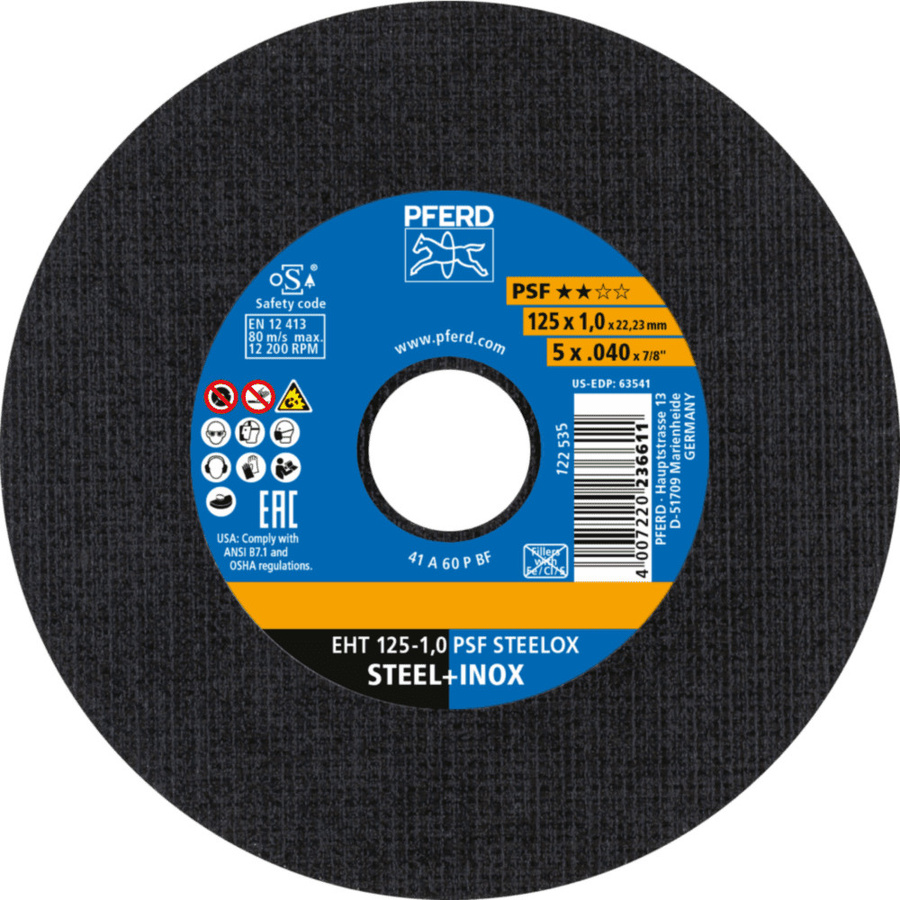 PFERD Trennscheibe PSF STEELOX EHT für Stahl und Edelstahl, Durchmesser: 125 mm, Dicke: 1 mm, Bohrung: 22,23 mm, Farbe: Schwarz - Bild 1
