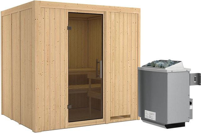 Karibu Sauna SODIN aus Fichtenholz mit 9,0 kW Ofen, integrierter Steuerung und Ganzglastür in Graphit, B/T/H: 196 x 170 x 200 cm - Bild 1