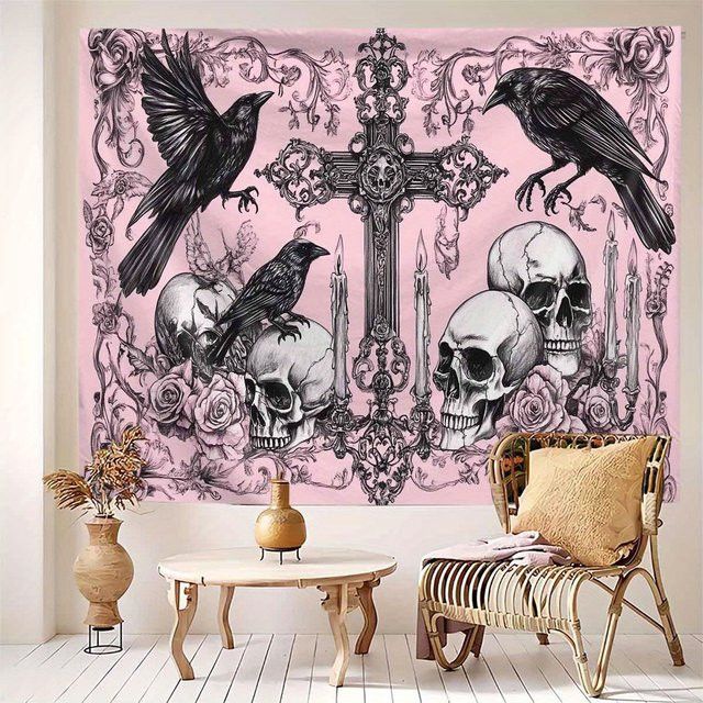 VIKAMA Gothic Wandkunst Tapisserie mit Rabe und Totenkopf in Rosa und Schwarz - Bild 1