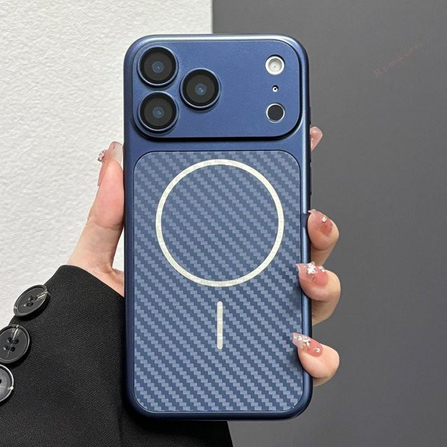 Magnetische Apple iPhone Schutzhülle aus Kohlefaser in Blau, stoßfeste harte Handyhülle für iPhone 17 Pro Max und weitere Modelle - Bild 1