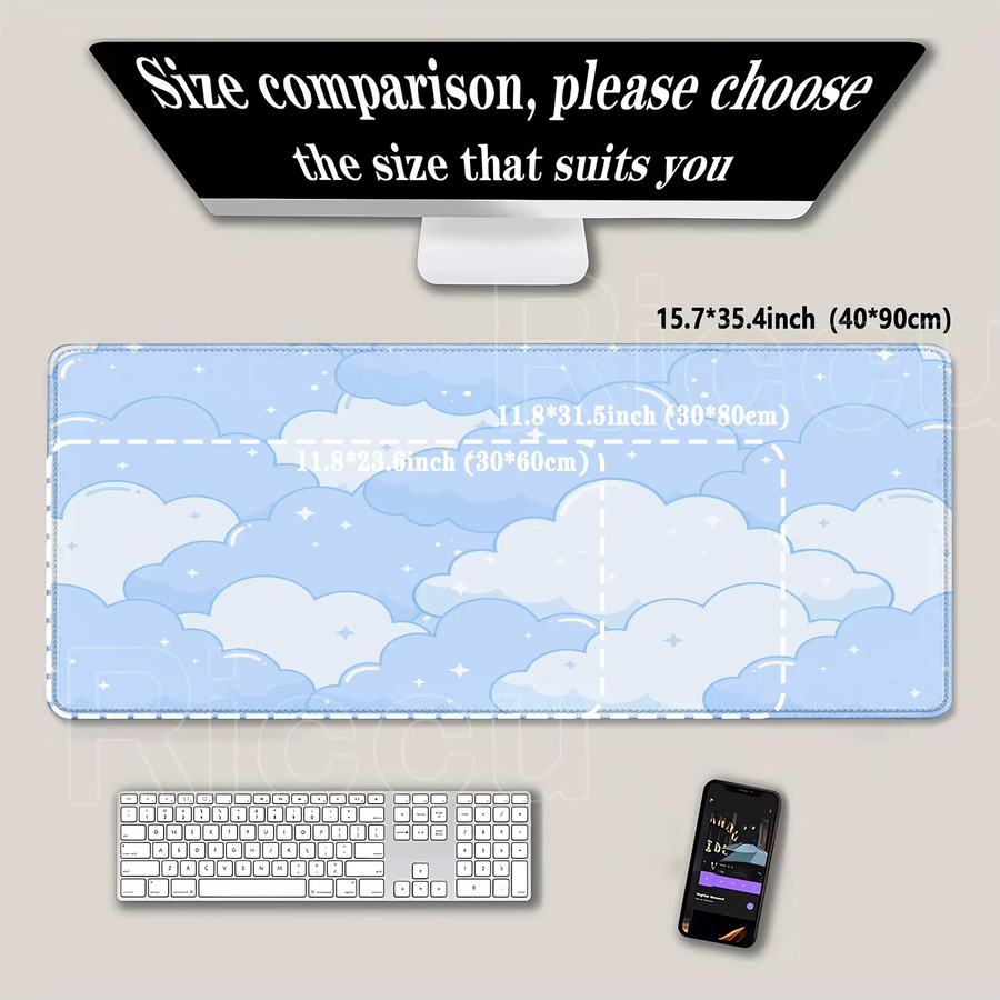 Riccu Schreibtischunterlage Kawaii Wolken Design in Hellblau und Rosa, Große Gummi-Mauspad für Gaming und Büro - Bild 2