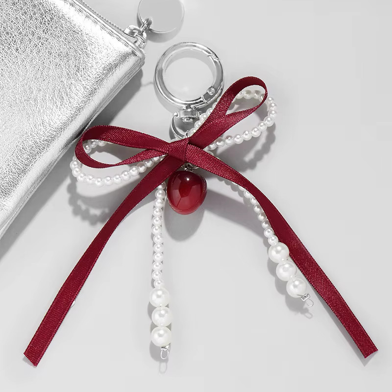 Velishy Schlüsselbund Band, Rote Kirsche Perle, Bowknot, Tasche Anhänger - Bild 3