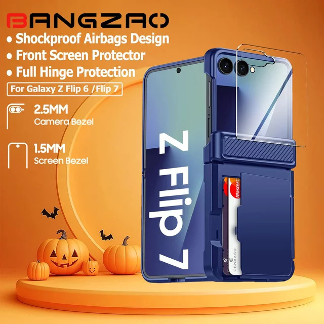 BANGZAO Handyhülle für Galaxy Z Flip 7 mit Kartenhalter, RFID-Schutz und HD-Schutz, Blau - Bild 1