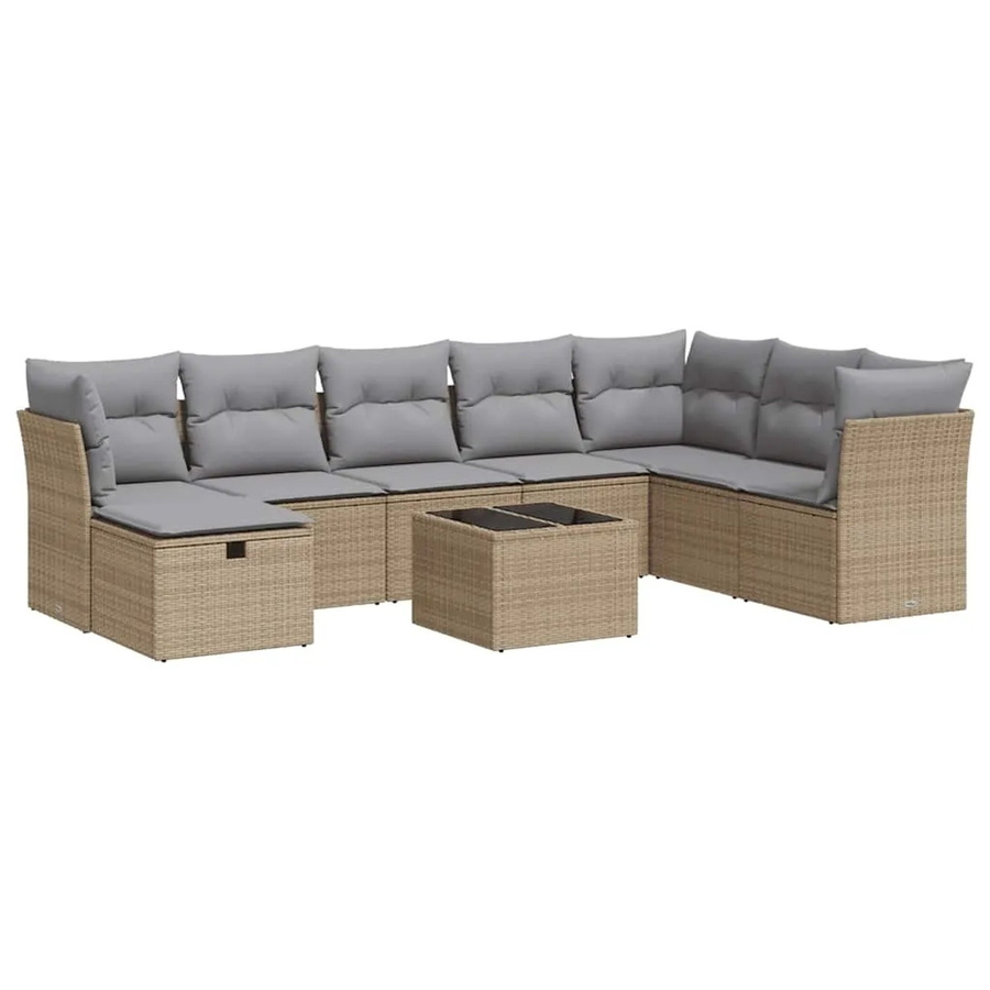 vidaXL 9-tlg. Garten-Sofagarnitur in L-Form aus Poly-Rattan mit Kissen in Beige - Bild 2