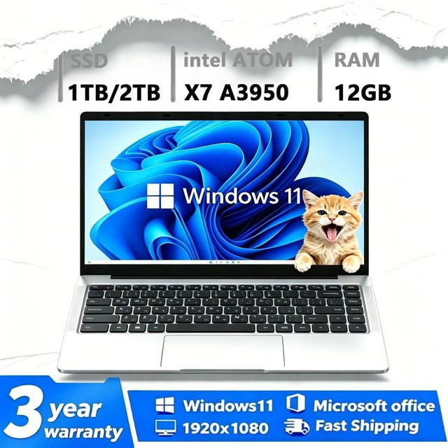 Laptop mit Windows 11, Intel ATOM X7 A3950, 12GB RAM, 512GB bis 1TB SSD, 12 Zoll Display, Silber - Bild 1