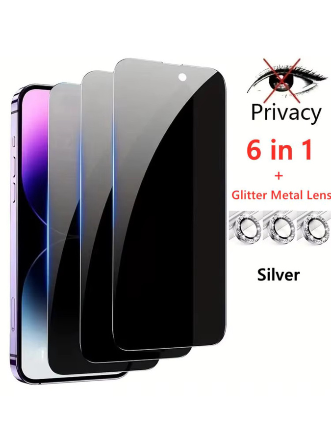 3er Set Anti-Spionage Displayschutzfolien mit 3 Glitzer-Objektivabdeckungen für Apple iPhone 11 bis iPhone 17 Pro Max in Schwarz und Silber - Bild 5