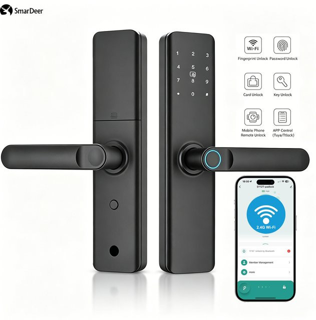 SmarDeer 5-in-1 Intelligentes Türschloss in Schwarz mit Tuya WIFI und Fingerabdrucksensor für schlüssellosen Zugang - Bild 1