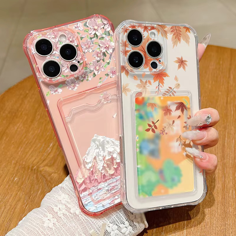 YISHANGOU TPU Handyhülle mit Ahornzweig-Blumenmuster und Kartenfach für iPhone 17 16 Pro Max 15 14 13 Pro Max, transparent - Bild 1
