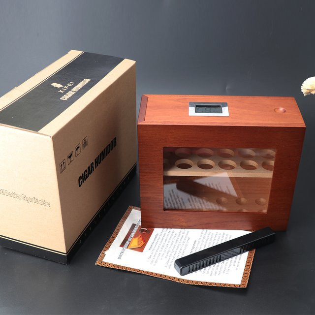 XIFEI Zigarren-Humidorbox aus Holz mit Glasfenster und Hygrometer in Braun - Bild 1