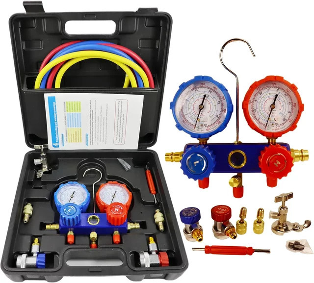 3-Wege-Kältemittel-Verteiler Kombi-Instrument für HVAC-Diagnose und Kältemittelbefüllung, kompatibel mit R410A, R22, R404A und R134A, Mehrfarbig - Bild 1