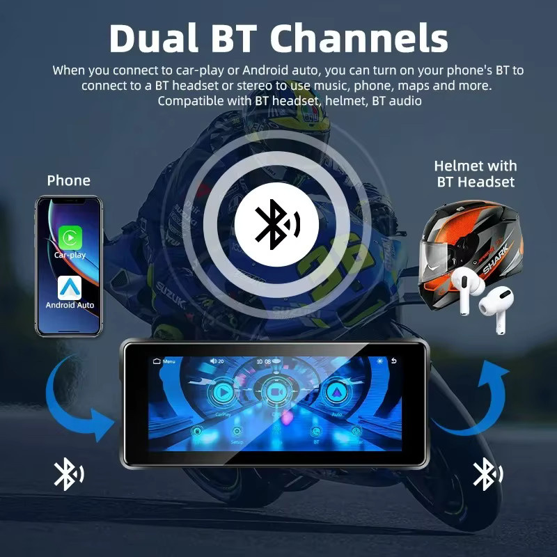 Srnubi Motorrad Dash Cam mit 6.86 Zoll Display, GPS, Wireless CarPlay und Android Auto, Dual Kamera vorne und hinten, IP67 wasserdicht, Schwarz - Bild 4