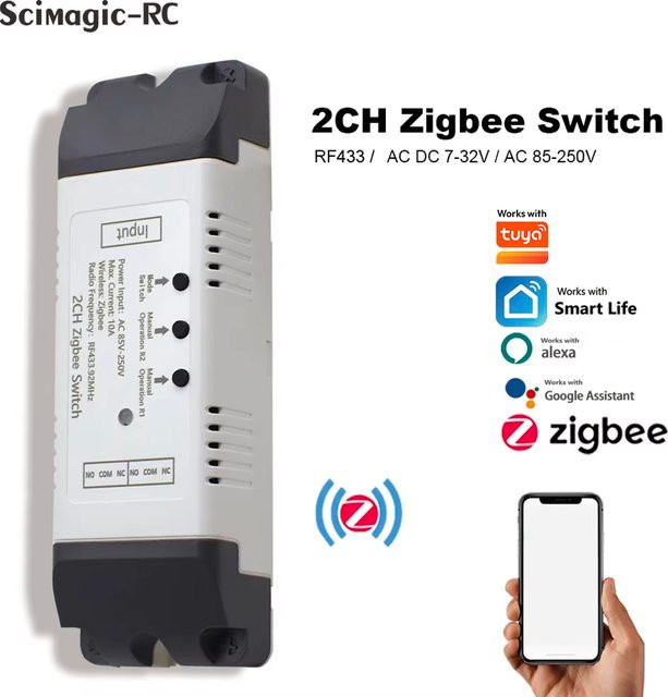 Scimagic-RC Zigbee 2-Kanal-Schalter mit zwei Relais und Trockenkontakt NO NC COM für Licht und Motor, kompatibel mit Tuya und Alexa - Bild 1