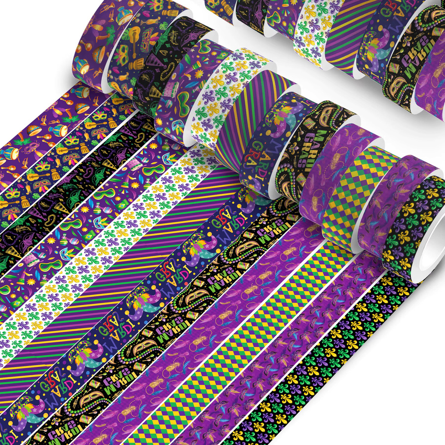 12er-Pack Mardi Gras Washi Tape in Lila und Multicolour mit Schmuck- und Maskenmustern für DIY-Bastelarbeiten und Scrapbooking - Bild 2