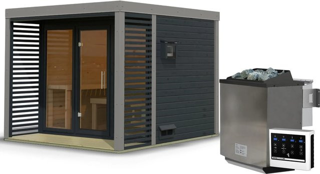 Karibu Saunahaus Seros Log Cabin mit 9 kW Bio Ofen, externer Steuerung, Ganzglasfront und Lamellenwänden in Anthrazit/Grau - Bild 1