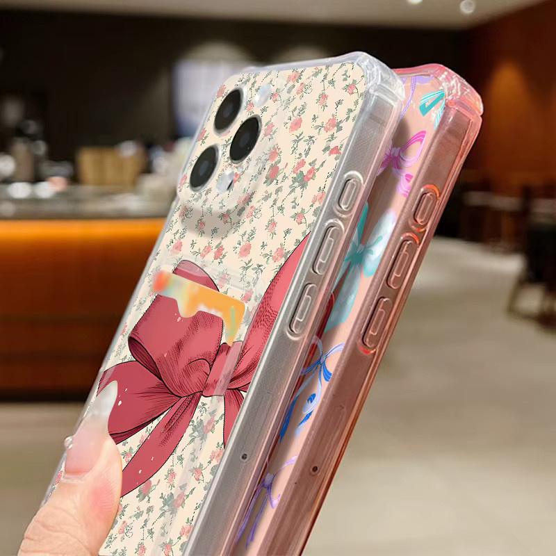 YISHANGOU Handyhülle mit rotem Schleifenmuster und Kartenfach für iPhone 17 16 Pro Max 15 14 13 Pro Max, transparente TPU Silikonhülle - Bild 2