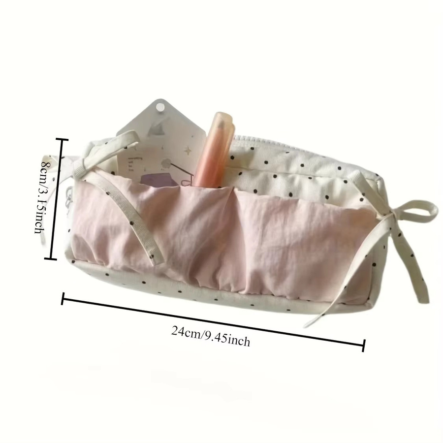 Niedliches Federmäppchen mit Polka Dots und Erdbeermuster in Weiß und Rosa mit Reißverschluss und Herz-Schleifendesign - Bild 2