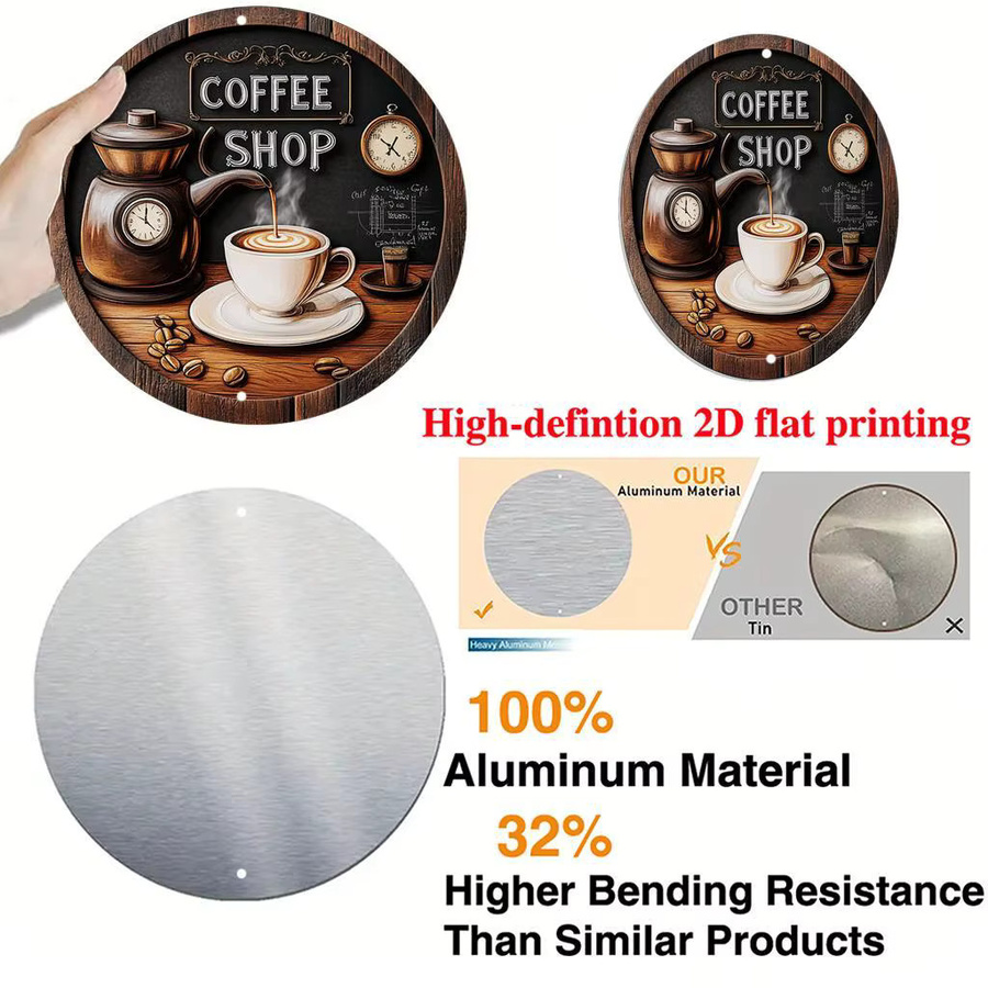 Potdemiel Runde Aluminium-Wandkunst im Vintage-Stil mit Kaffee-Thema, Mehrfarbig, Durchmesser: 20,3 cm - Bild 3