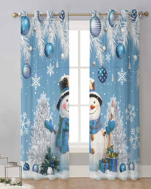Transparente Weihnachtsvorhänge mit Schneemann und Kiefernzweigen in Weiß und Blau, B: 135 cm, H: 115 cm - Bild 1