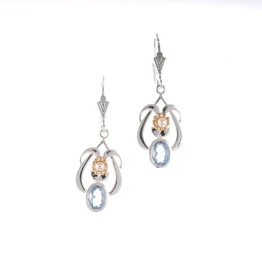 Ohrringe 925 Silber, teilvergoldet, Zirkonia, hellblau, Perle, Damen - Bild 1