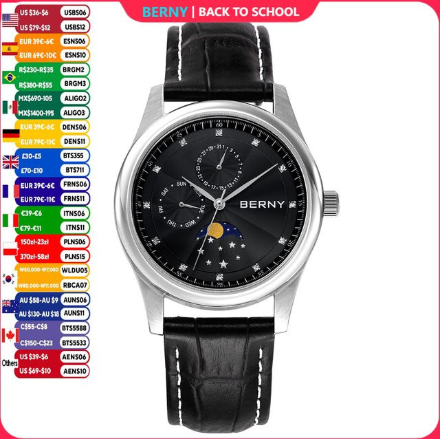 BERNY Armbanduhr Herren, Quarz, Edelstahl, Lederarmband, Schwarz, 38 mm - Bild 1