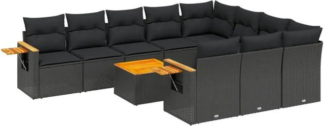 vidaXL 11-teilige Garten-Sofagarnitur aus Poly-Rattan und Akazienholz in Schwarz mit Kissen - Bild 1