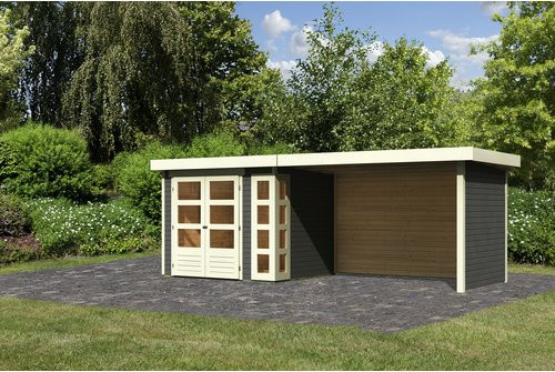 KARIBU Gartenhaus Kerko 3 aus Holz in Terragrau mit Anbaudach und Rück- sowie Seitenwand, B/H/T: 242 x 217 x 280 cm - Bild 1