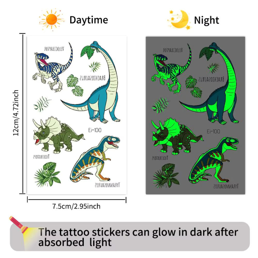 ROCOOART Dinosaurier-Tattoos, 10 Blatt, im Dunkeln leuchtend, wasserfest - Bild 3