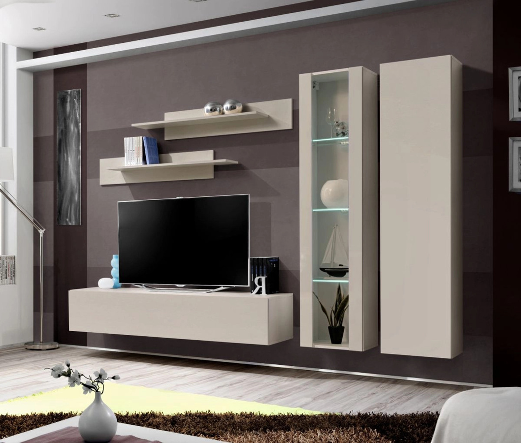 Wohnwand Option 5-teilig in Kaschmir Beige mit LED und Glaselementen, Breite: 260 cm - Bild 3