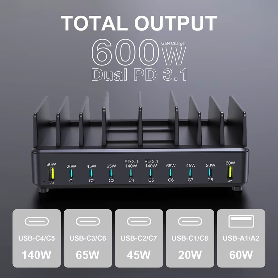 Ueetop 600 W Multi-USB-Schnellladegerät mit 10 Ports, GaN PD 3.1 Ladestation in Schwarz für MacBook, iPhone, iPad, Samsung und Laptop - Bild 3