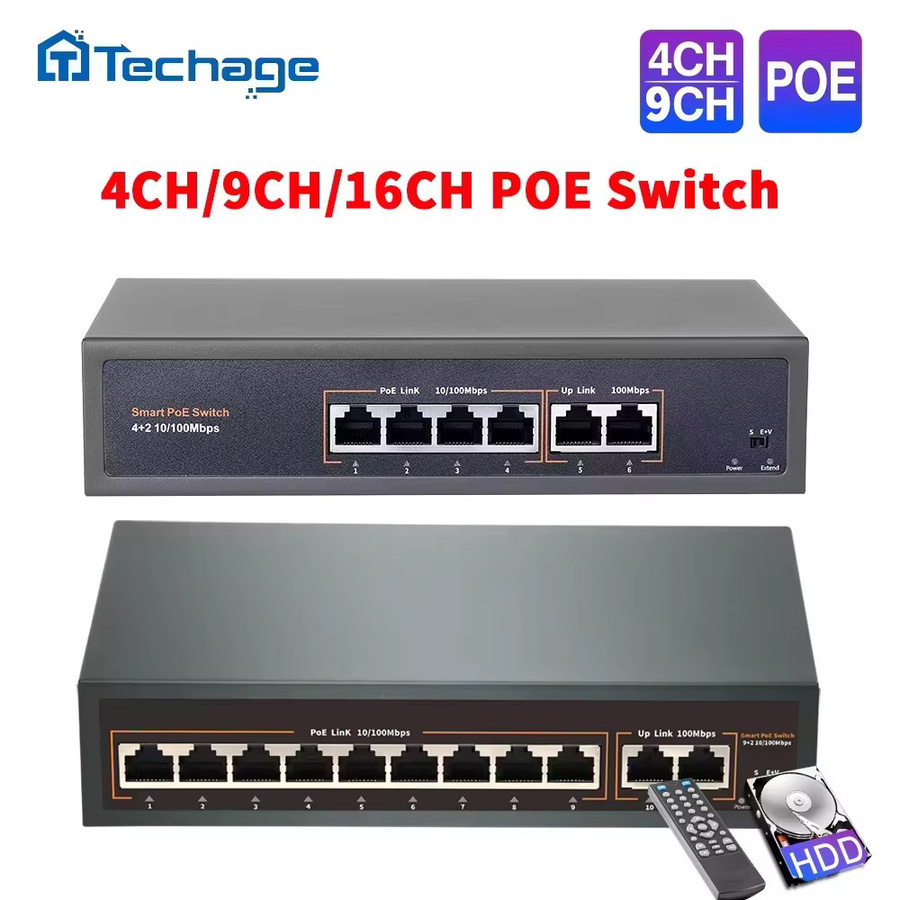 Techage PoE Switch 52V für IP-Kameras und Wireless AP mit 10/100Mbps Ethernet/LAN in Schwarz - Bild 4