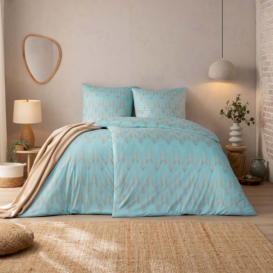 Estella Mako Jersey Bettwäsche Cielo azur Zickzack jade mit Bettbezug und Kissenbezug, B/H: 135 x 200 cm und 80 x 80 cm - Bild 1