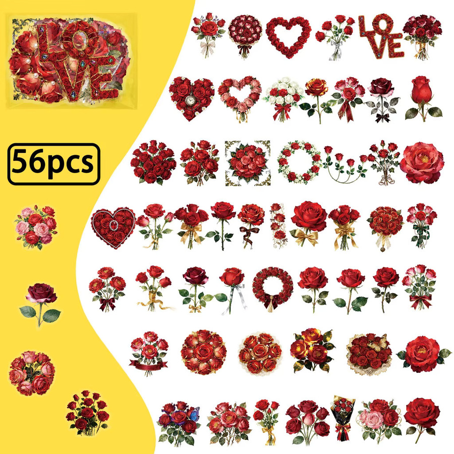 56 Stück rote Rosen-Blumen-Aufkleber aus transparentem PET in Herzform von AnimeWorlds Store - Bild 1