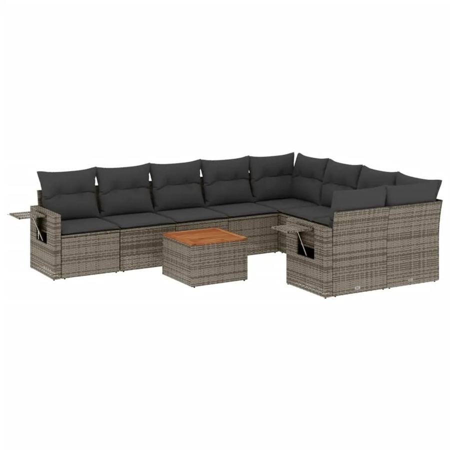 vidaXL 10-teilige Garten-Sofagarnitur aus Poly-Rattan und Akazienholz in Grau mit Kissen - Bild 2