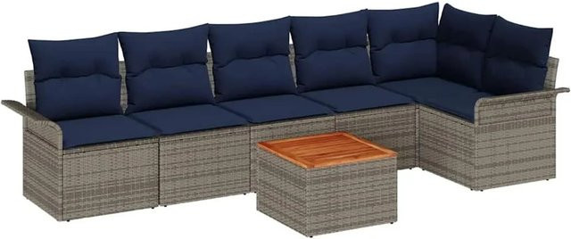 vidaXL Gartensofa-Set aus Poly-Rattan in Grau und Blau mit 7-teiliger L-Form, Polsterung und Gartentisch - Bild 1