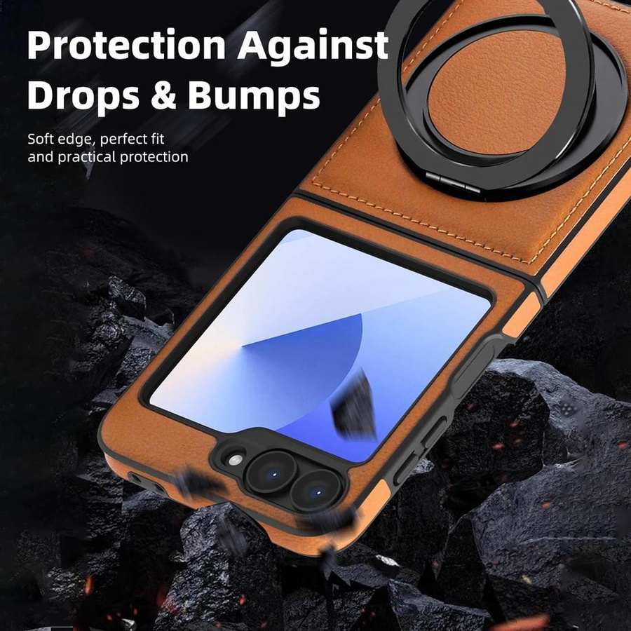 Stoßfeste Lederhülle mit 360° Ringhalter als Klapphülle für Samsung Galaxy Z Flip 5, 6 und 7 in Braun - Bild 3
