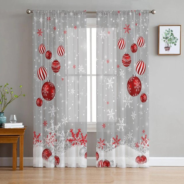 Yiran Furniture Tüllvorhang mit Weihnachtswichtel und Schneeflocken, weiß, transparent, B: 135 cm, H: 115 cm - Bild 1