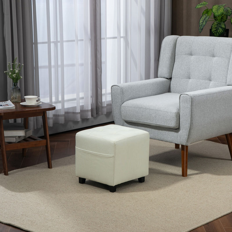 HOMCOM Fußhocker Ottoman in Creme mit Seitentasche und Steppung in Leinenoptik, B/T/H: 35 x 35 x 35 cm - Bild 2
