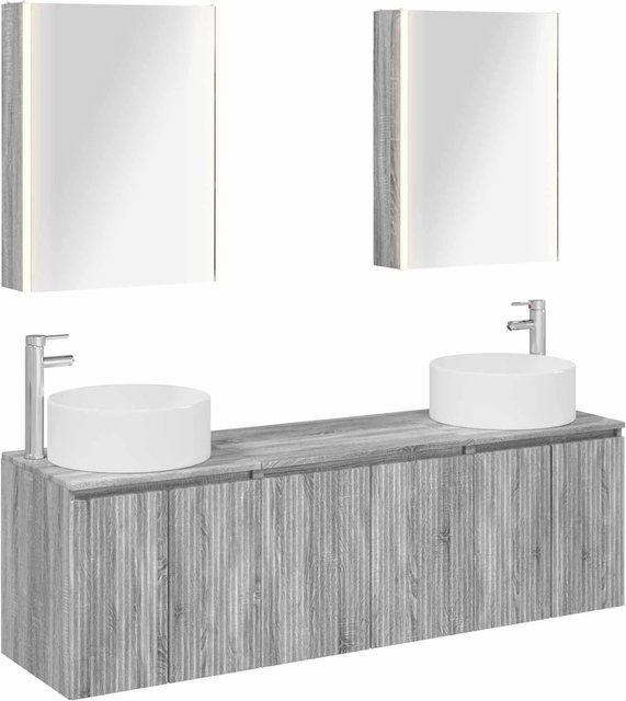 vidaXL Badezimmerschrank-Set in Grau, 5-teiliges modernes Set mit Waschtischunterschrank, Wandunterschrank und Spiegelschrank mit LED-Beleuchtung und internen Regalen - Bild 1