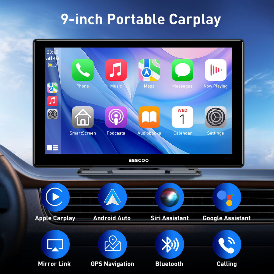 ESSGOO 9-Zoll Tragbares Kabelloses CarPlay und Android Auto Infotainment-System mit Bluetooth, GPS und Touchscreen in Schwarz - Bild 2