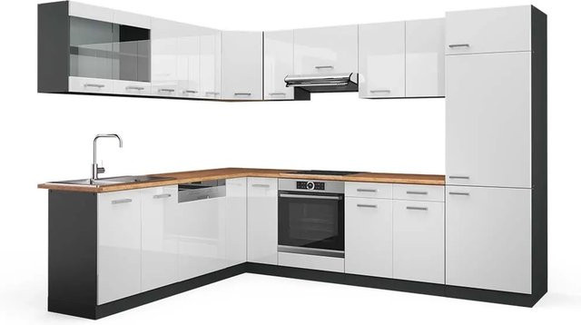 Vicco R-Line Eckküche in Weiß Hochglanz und Anthrazit mit Eiche-Optik, B/T/H: 227 x 287 x 207 cm - Bild 1