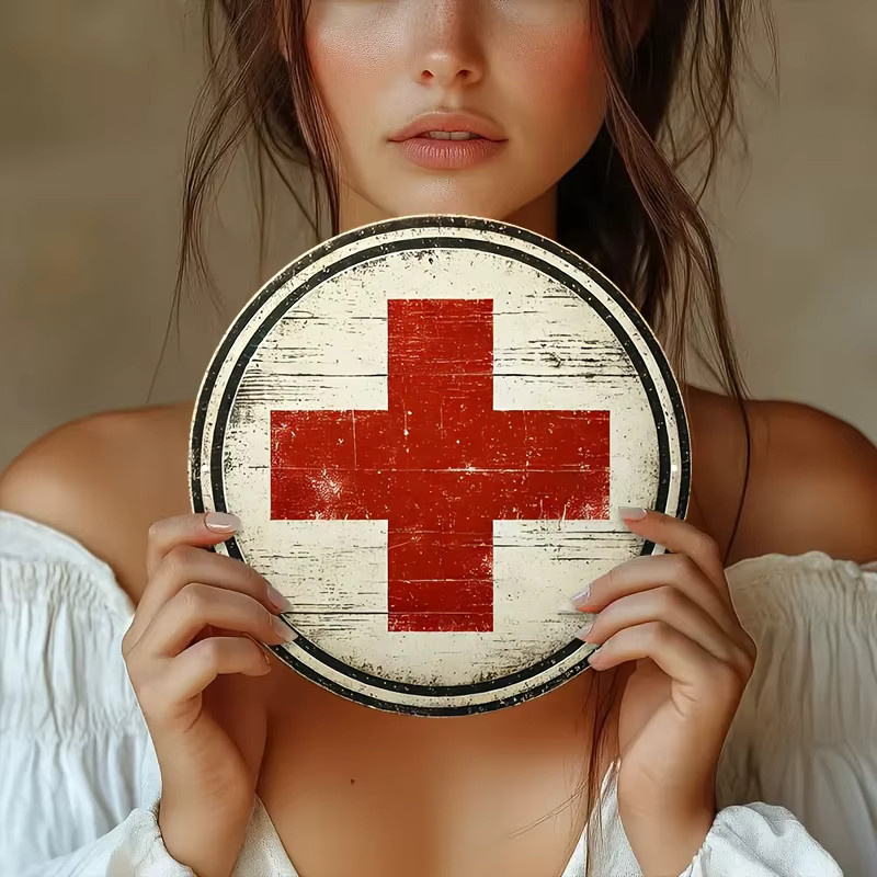 CIFBUY Vintage Medizinisches Rotes Kreuz Schild, Runde Metallplakette in Holzoptik, Rot, Durchmesser: 20,32 cm - Bild 3