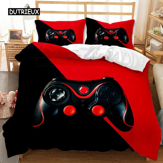 Gaming-Bettwäsche-Set mit Gamepad- und Headset-Design für Jungen und Teenager, 3-teilig aus Polyester, Farbe: Rot, B x H: 155 x 215 cm - Bild 1