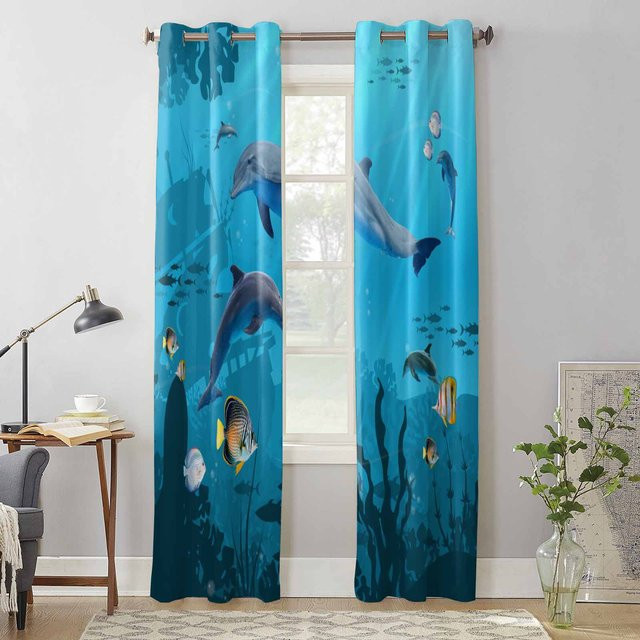 Binchi Outdoor Equipment Fenstervorhang Meeresleben mit Delfin und Fisch, Blau, B: 135 cm, H: 92 cm - Bild 1