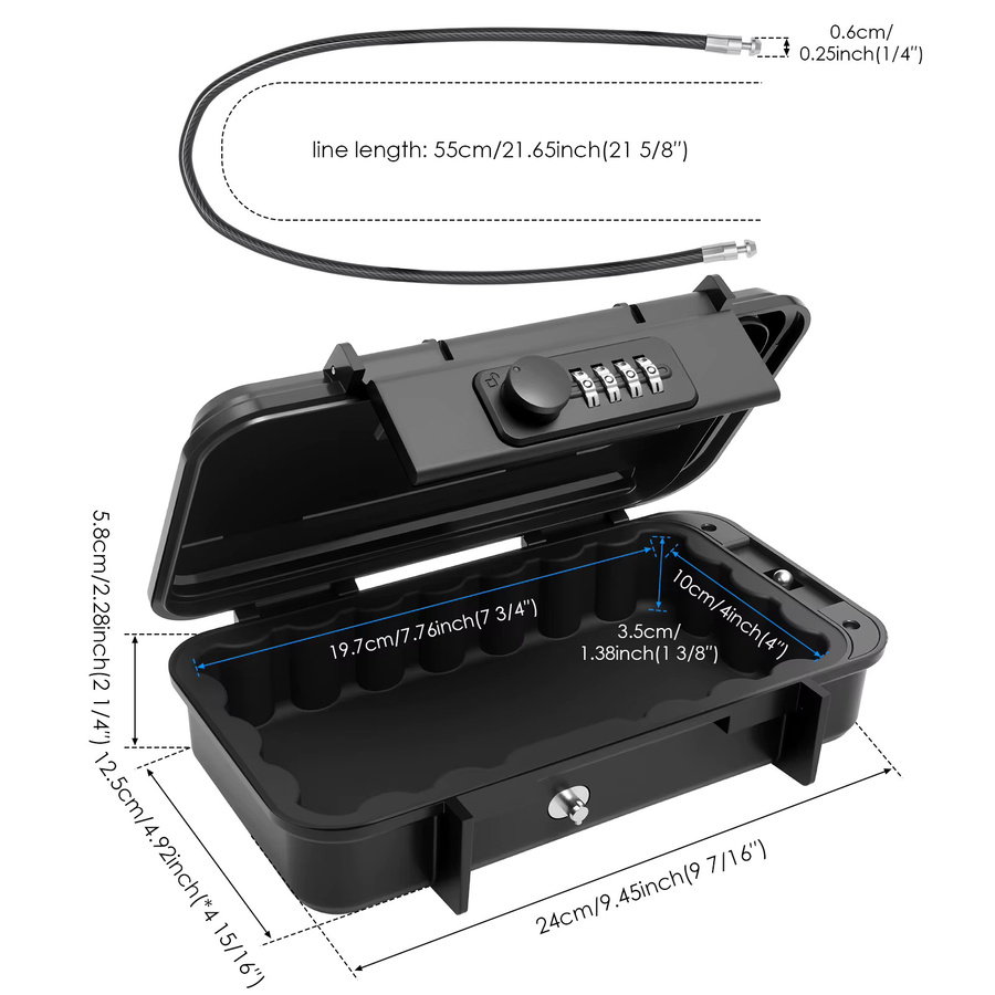 Wasserdichte Schlüsselbox mit 4-stelliger Kombination und abnehmbarem Kabel in Schwarz, B/T/H: 24,0 x 10,0 x 5,8 cm - Bild 2