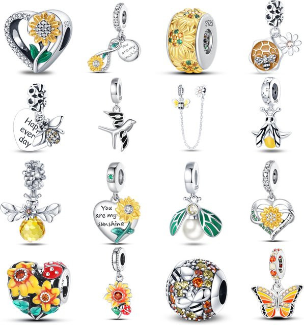 Charms 925 Silber, Perle, Sonnenblumen, Bienen, Schmetterling - Bild 1